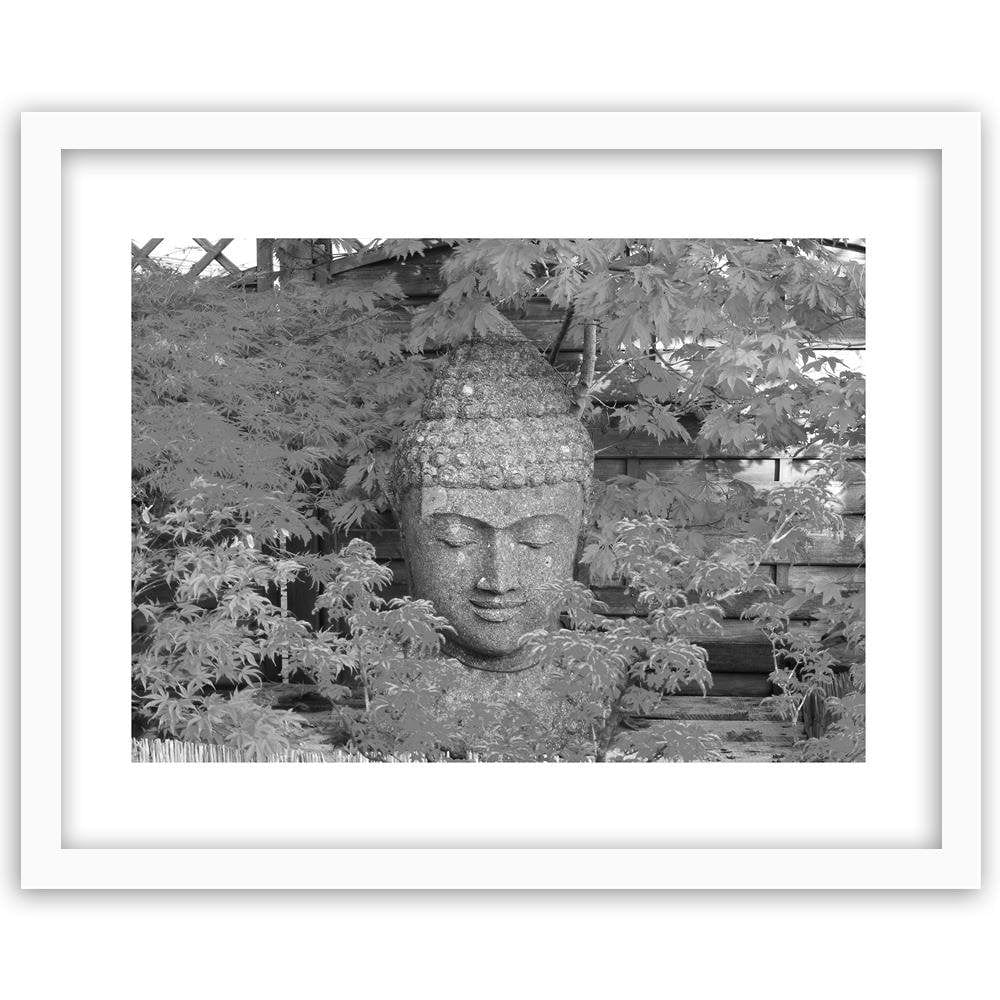 Glezna baltā rāmī - Head Of Buddha Among The Leaves Home Trends DECO