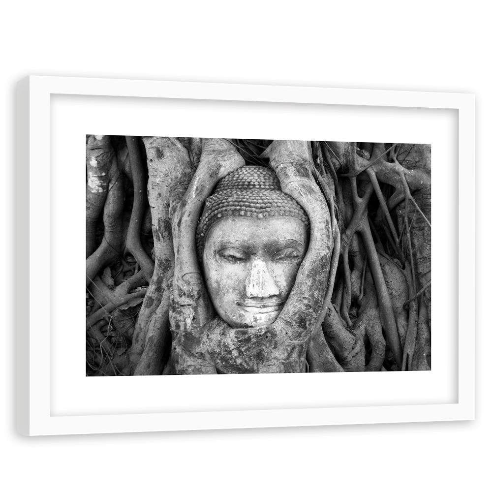 Glezna baltā rāmī - Head Of Buddha In Tree Home Trends DECO