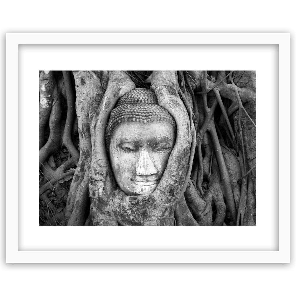 Glezna baltā rāmī - Head Of Buddha In Tree Home Trends DECO