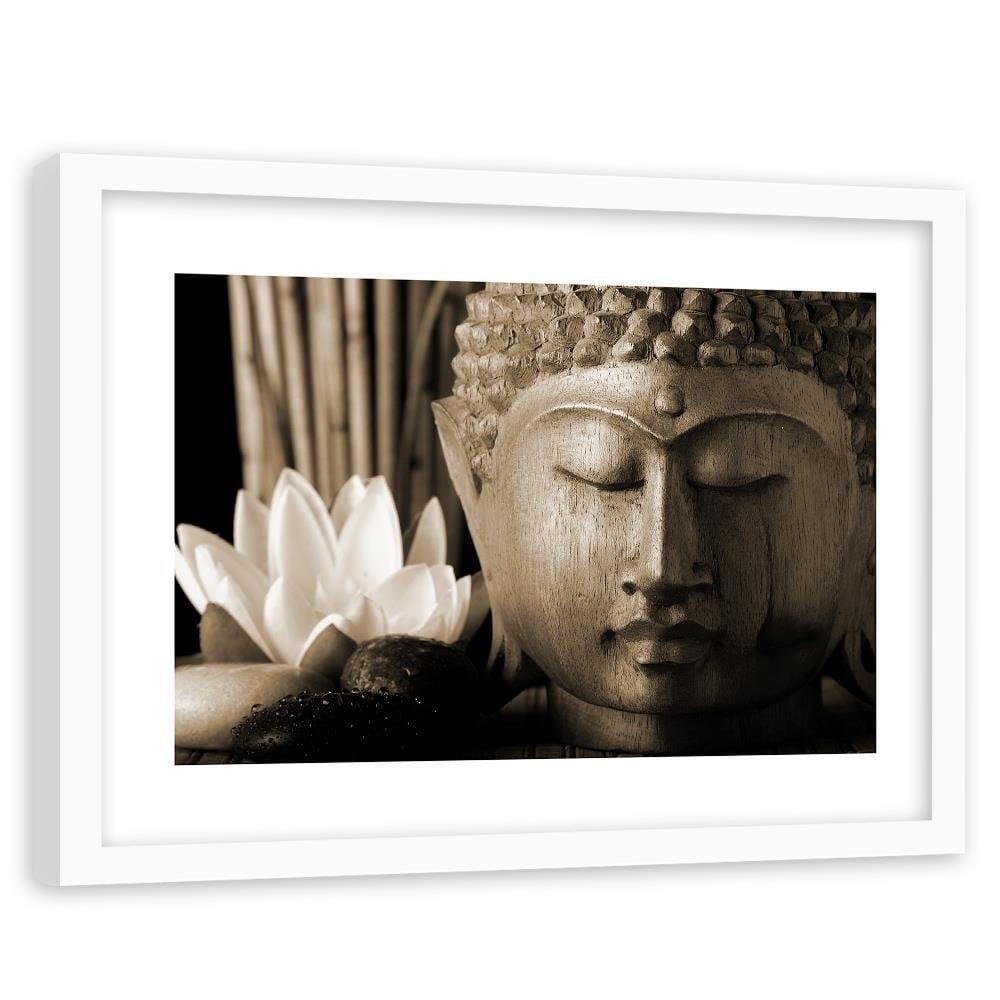 Glezna baltā rāmī - Head Of Buddha With Lily Home Trends DECO