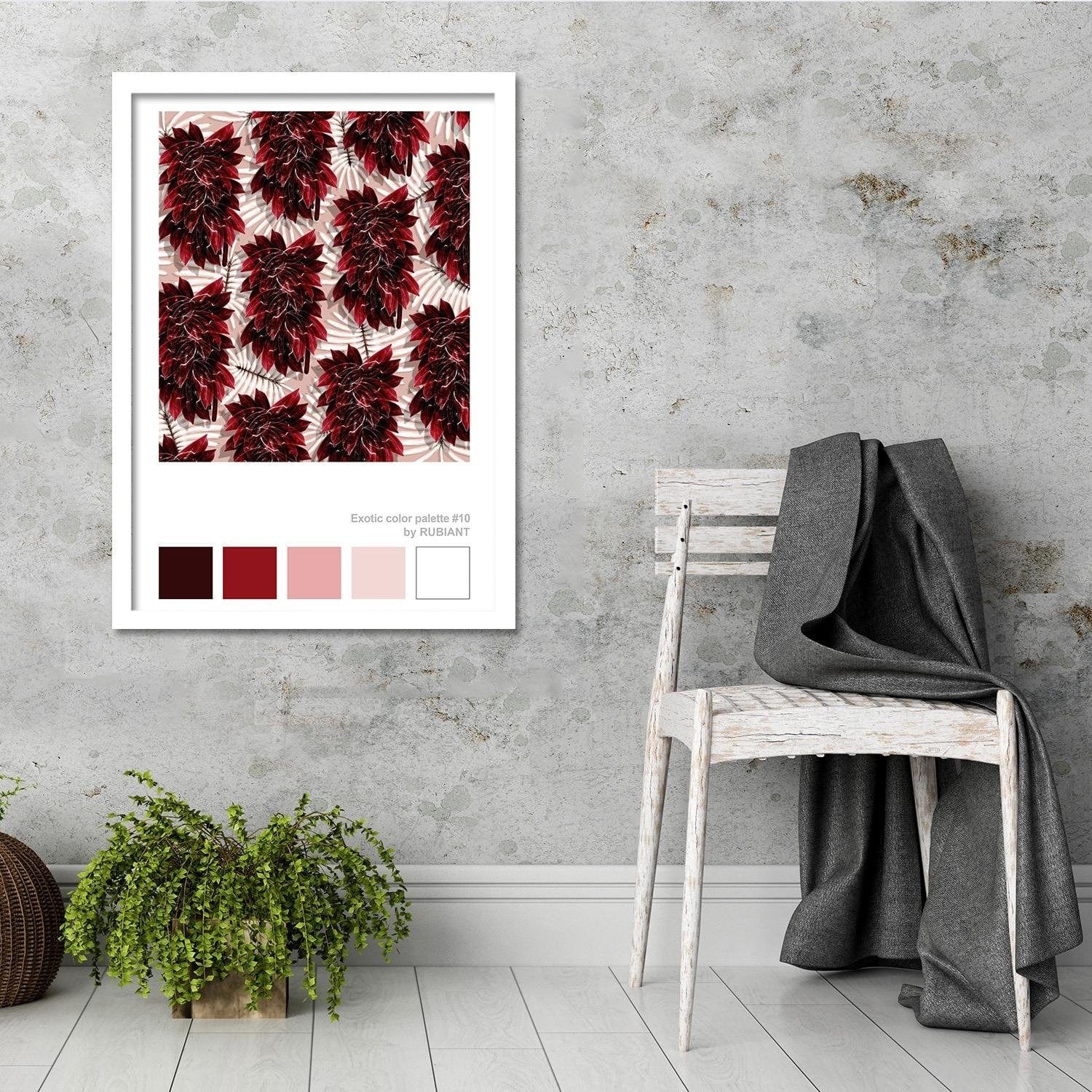 Glezna baltā rāmī - Leaves Exotic Red Home Trends DECO