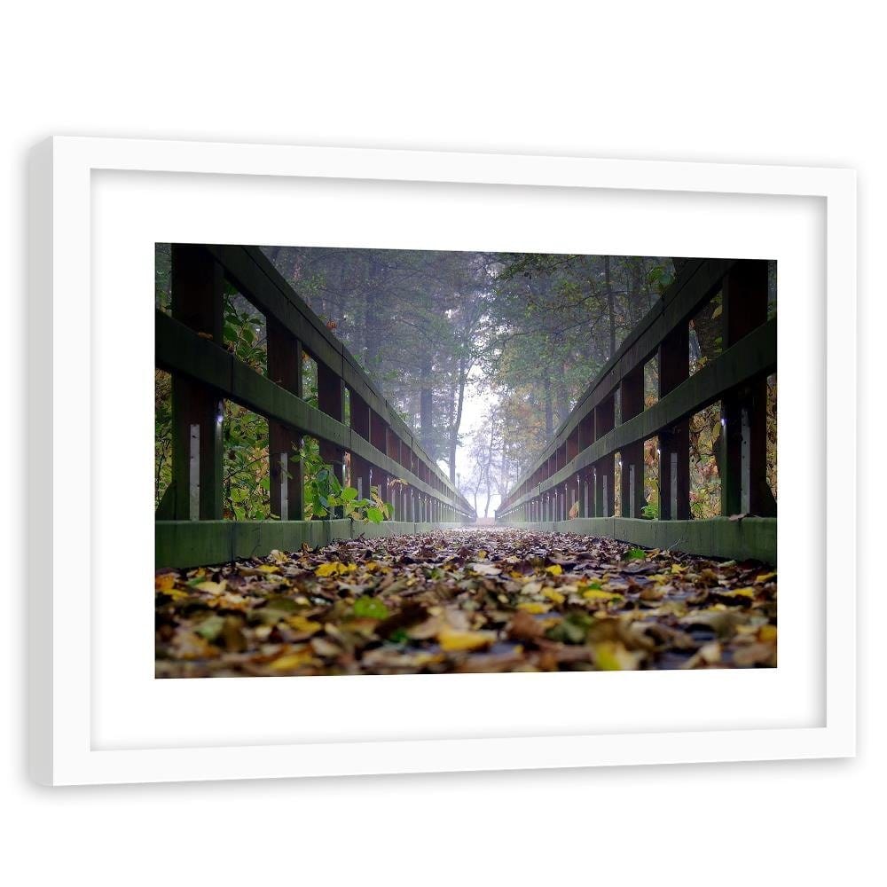 Glezna baltā rāmī - Leaves On The Bridge In The Woods Home Trends DECO