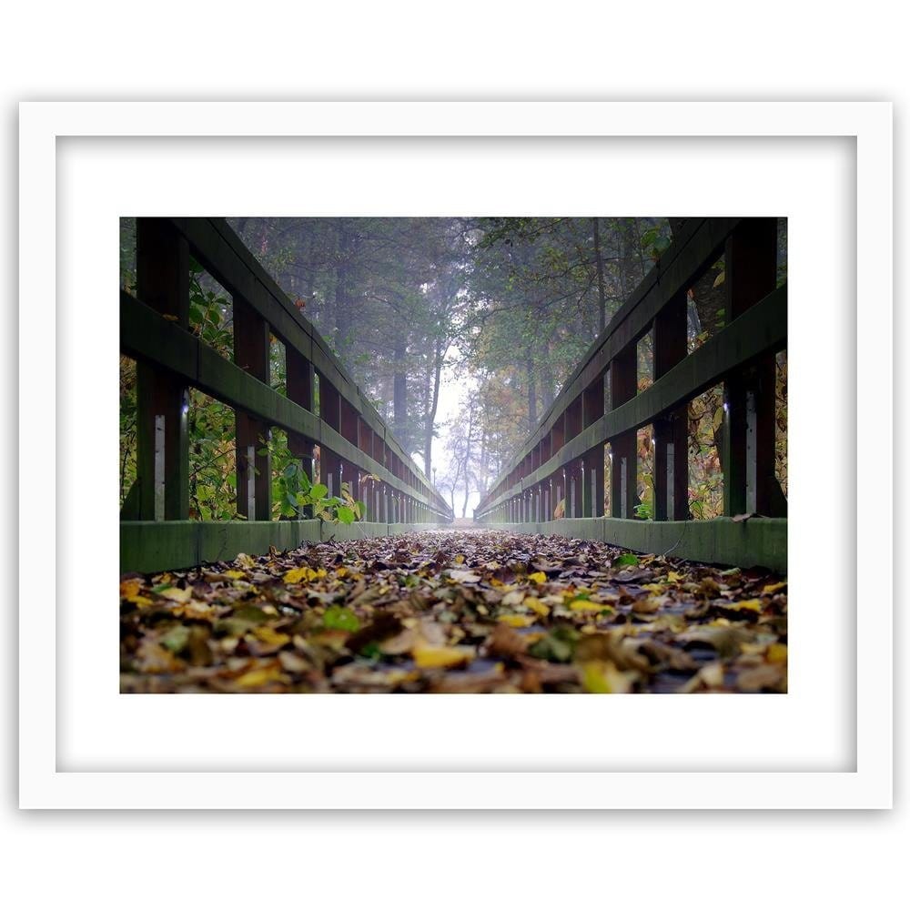 Glezna baltā rāmī - Leaves On The Bridge In The Woods Home Trends DECO