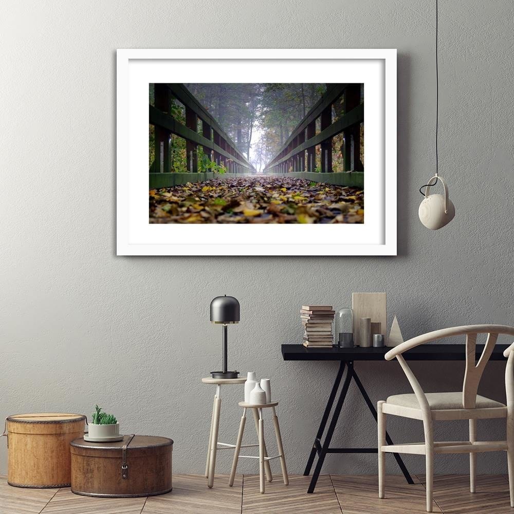 Glezna baltā rāmī - Leaves On The Bridge In The Woods Home Trends DECO