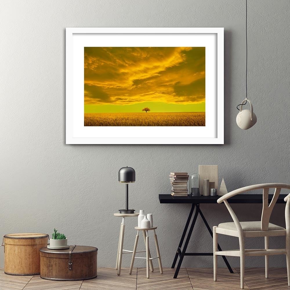 Glezna baltā rāmī - Lone Tree In Field Home Trends DECO