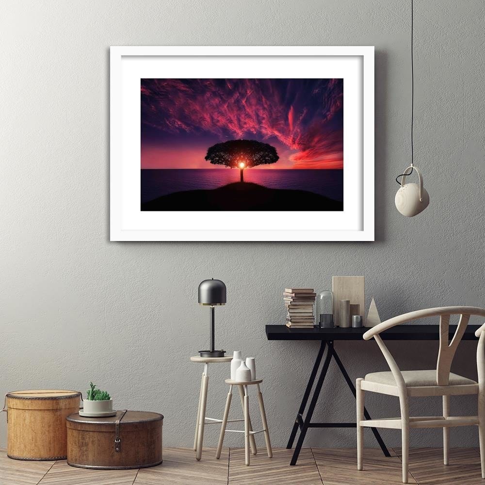 Glezna baltā rāmī - Lonely Tree At Sunset Home Trends DECO