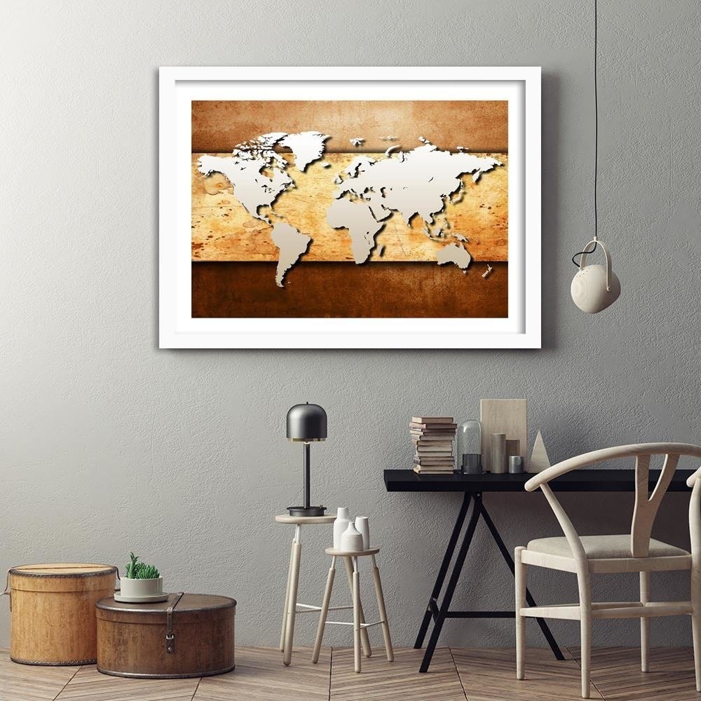 Glezna baltā rāmī - Map Of The World On Board Home Trends DECO