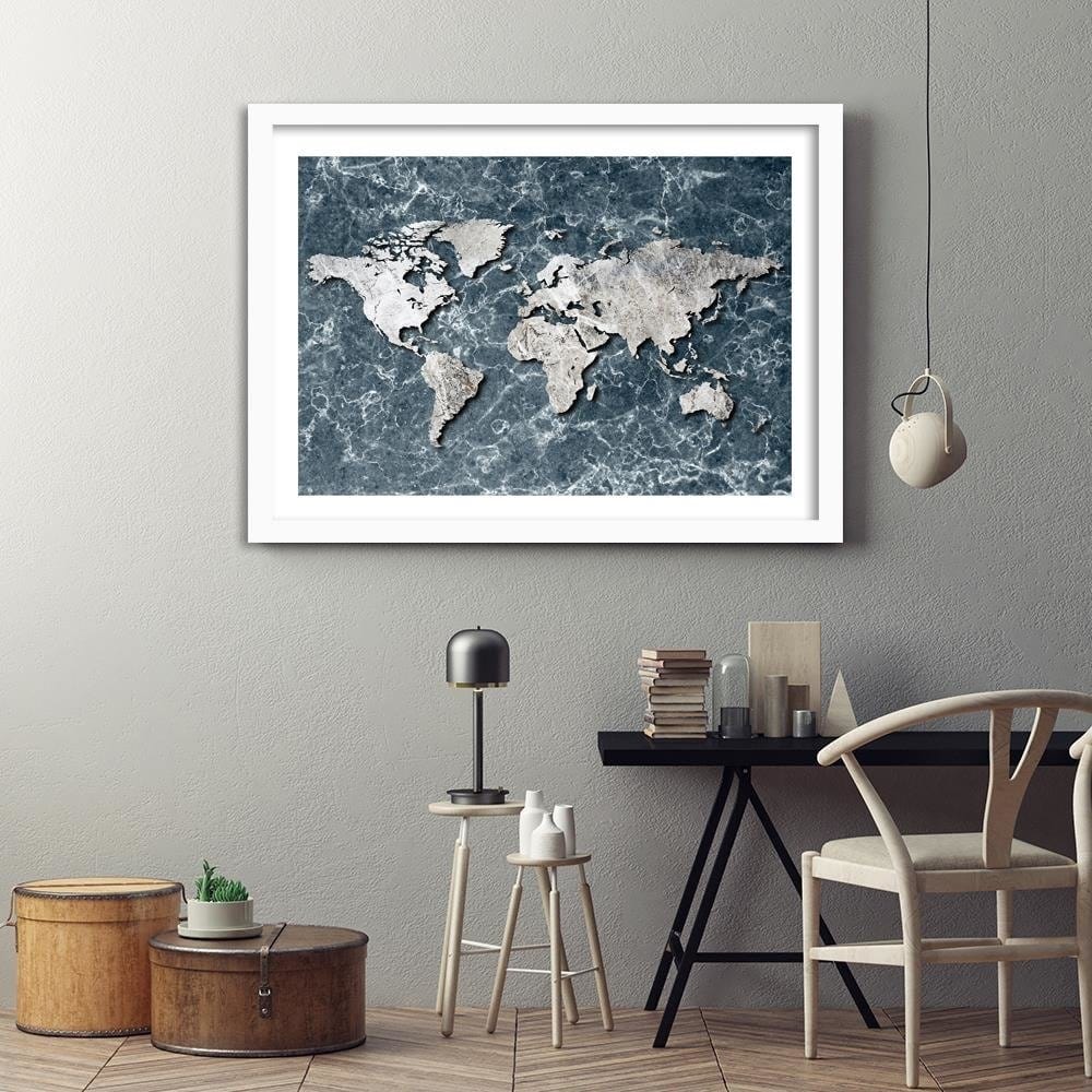 Glezna baltā rāmī - Map Of The World On Marble Home Trends DECO