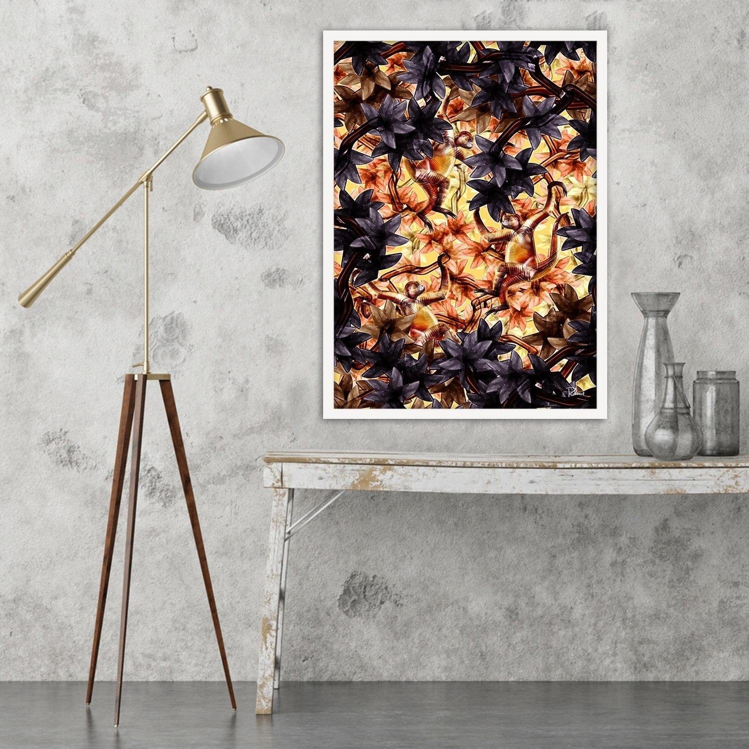 Glezna baltā rāmī - Monkeys Image Animal Print Brown Home Trends DECO