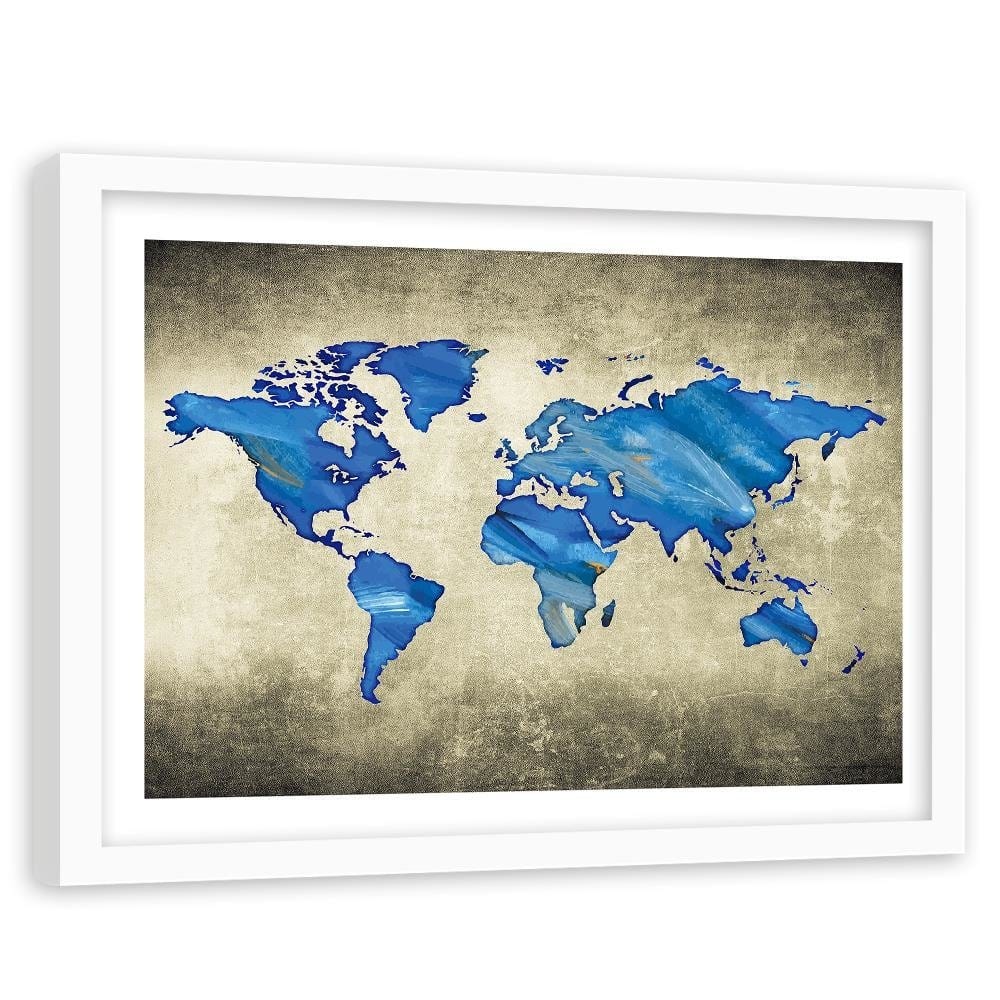Glezna baltā rāmī - Navy Blue Map Of The World Home Trends DECO