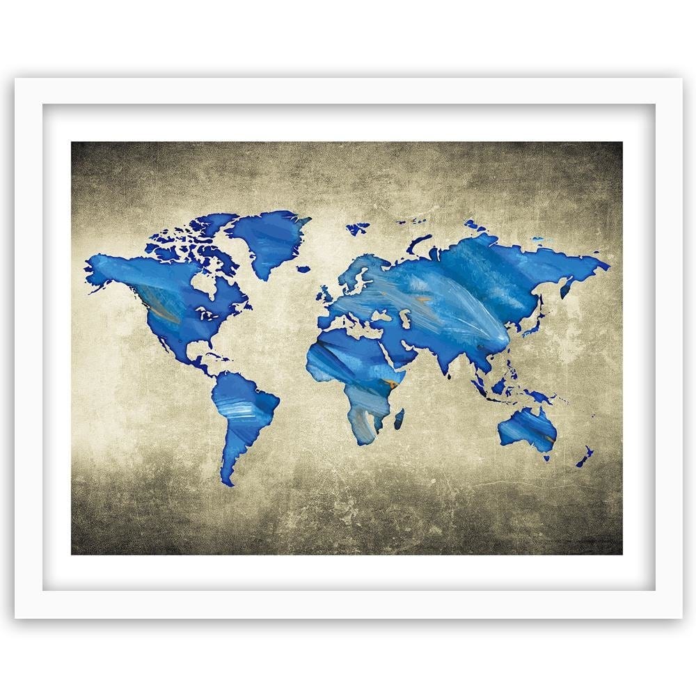Glezna baltā rāmī - Navy Blue Map Of The World Home Trends DECO