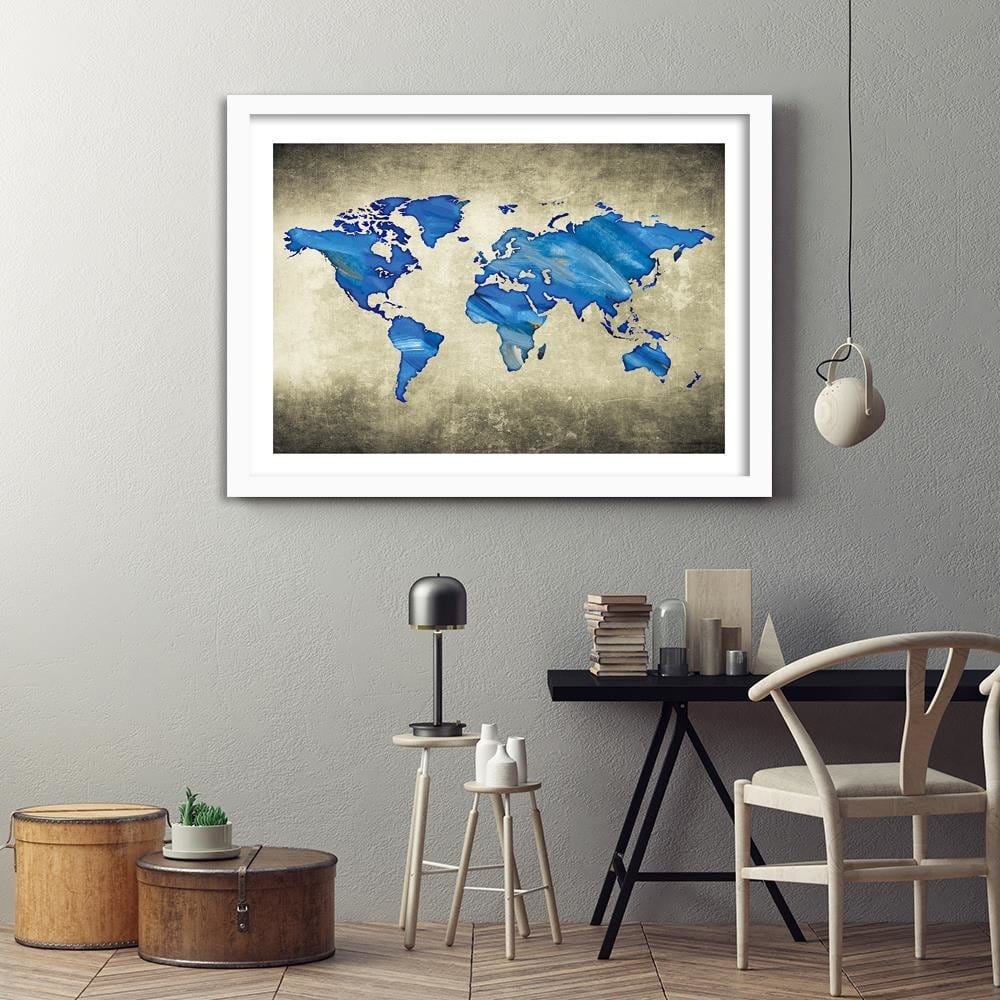 Glezna baltā rāmī - Navy Blue Map Of The World Home Trends DECO