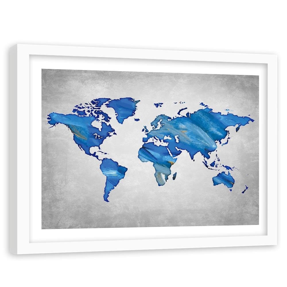 Glezna baltā rāmī - Navy Blue Map Of The World On Concrete Home Trends DECO