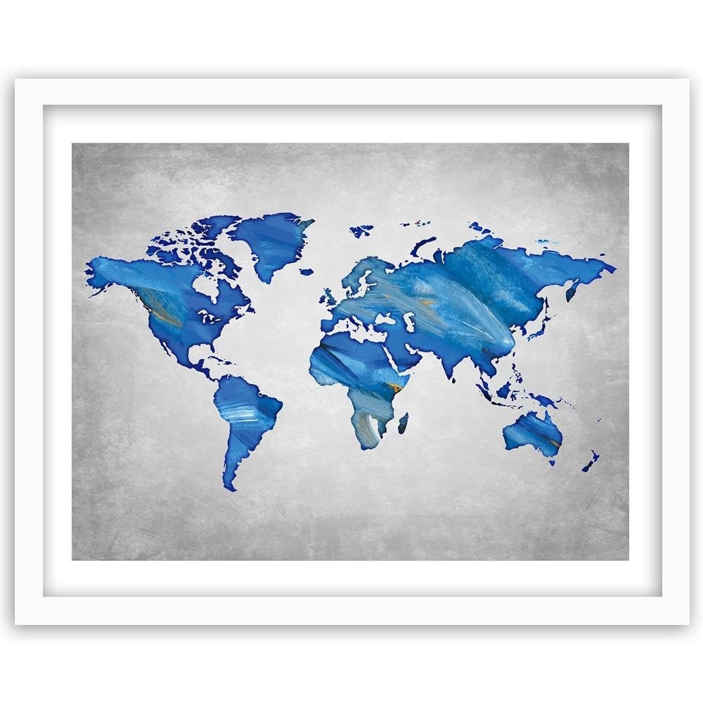 Glezna baltā rāmī - Navy Blue Map Of The World On Concrete Home Trends DECO