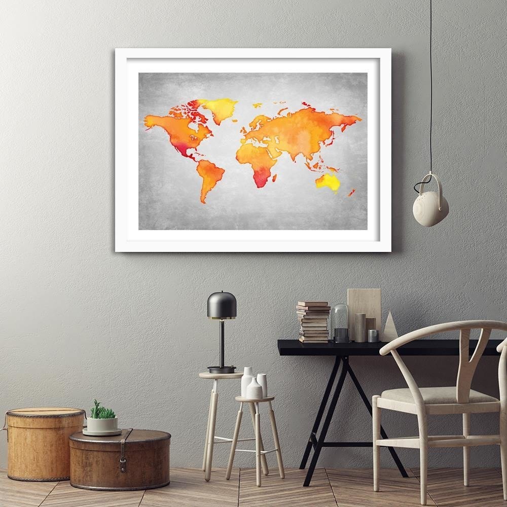 Glezna baltā rāmī - Orange World Map Home Trends DECO
