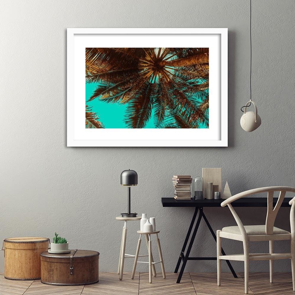 Glezna baltā rāmī - Palm Tree On A Turquoise Sky Home Trends DECO