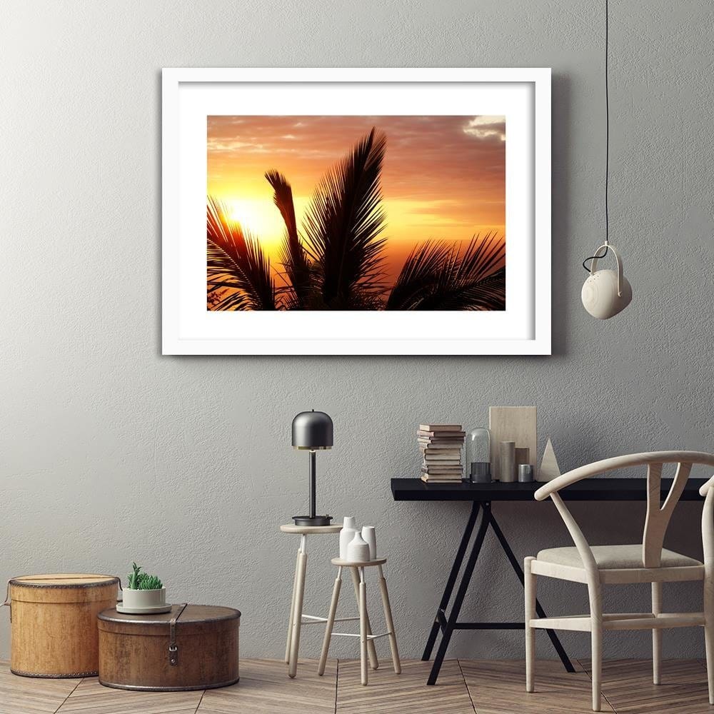 Glezna baltā rāmī - Palm Tree Over Sea Home Trends DECO