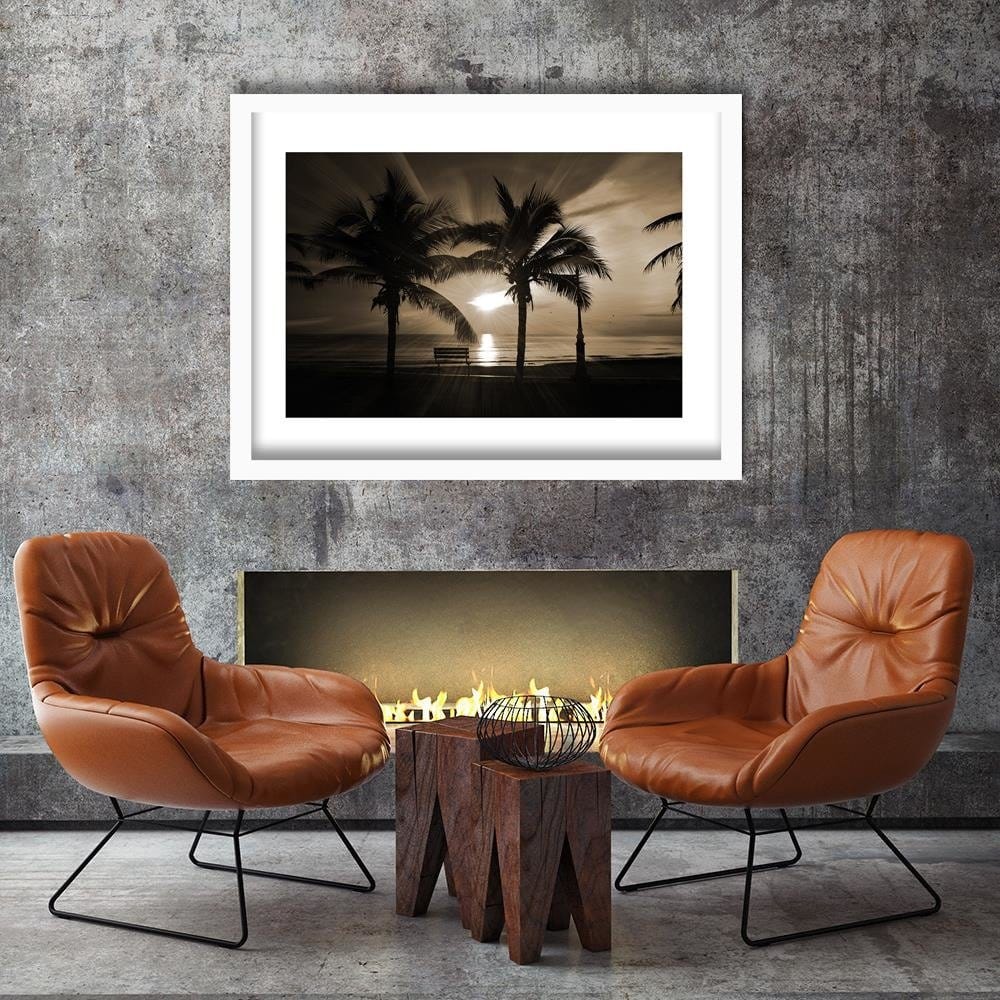 Glezna baltā rāmī - Palm Trees And Sun Rays 1 Home Trends DECO
