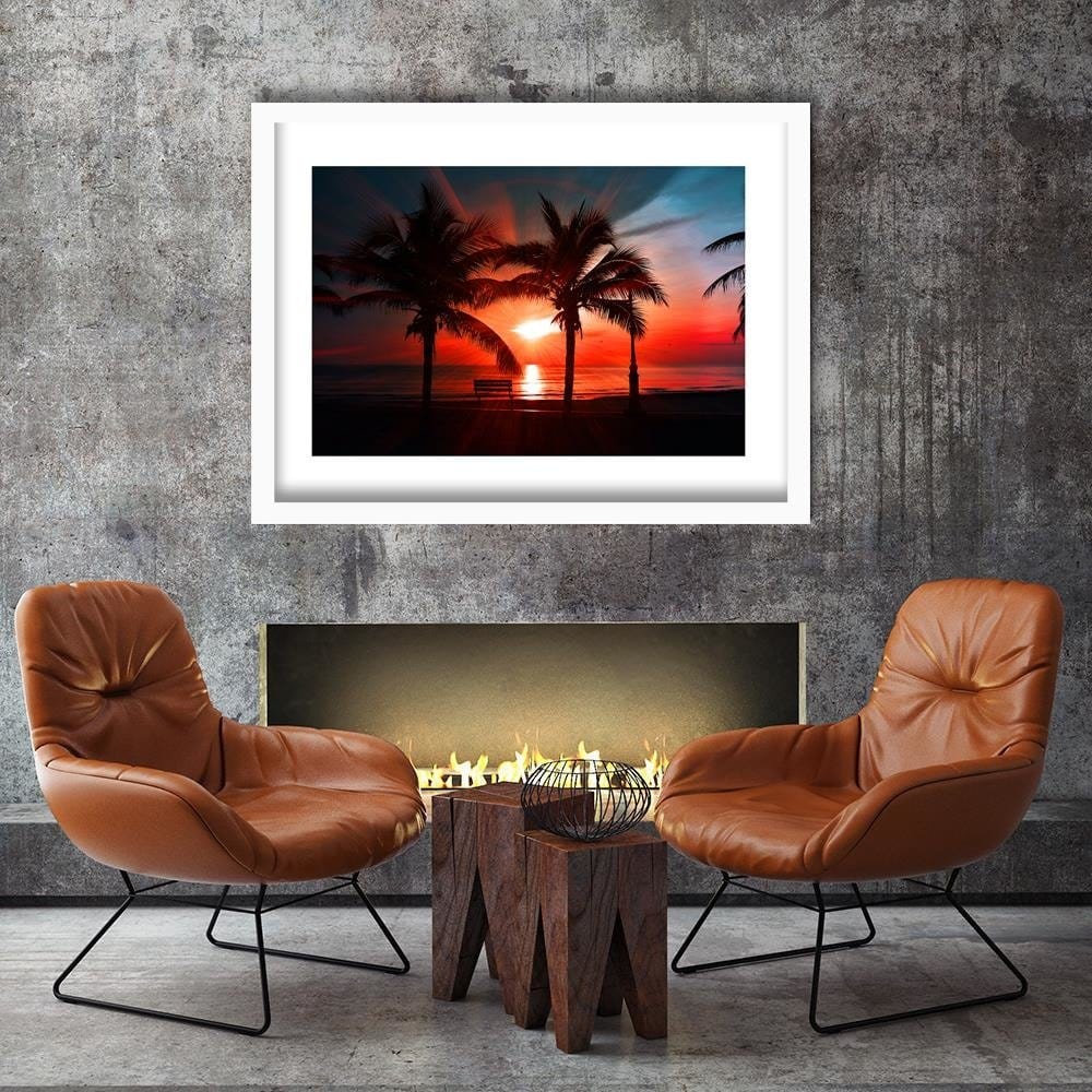 Glezna baltā rāmī - Palm Trees And Sun Rays 3 Home Trends DECO