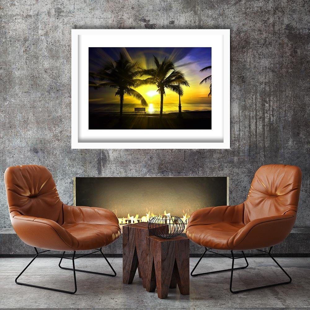 Glezna baltā rāmī - Palm Trees And Sun Rays 4 Home Trends DECO