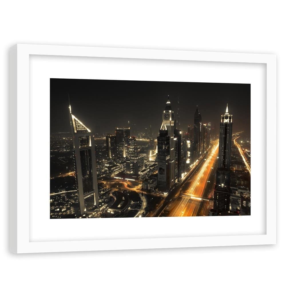 Glezna baltā rāmī - Panorama Of Dubai At Night Home Trends DECO