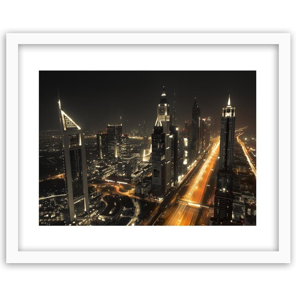 Glezna baltā rāmī - Panorama Of Dubai At Night Home Trends DECO