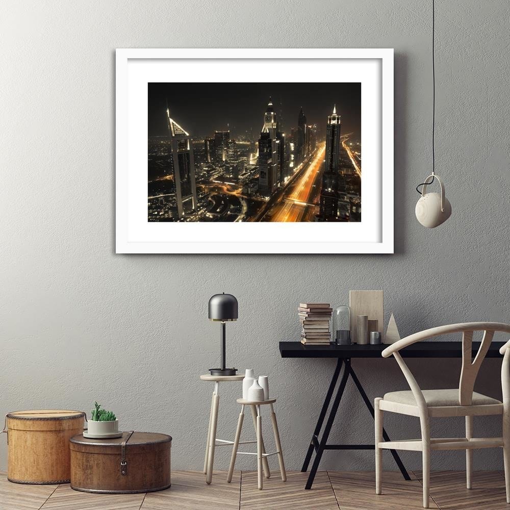 Glezna baltā rāmī - Panorama Of Dubai At Night Home Trends DECO