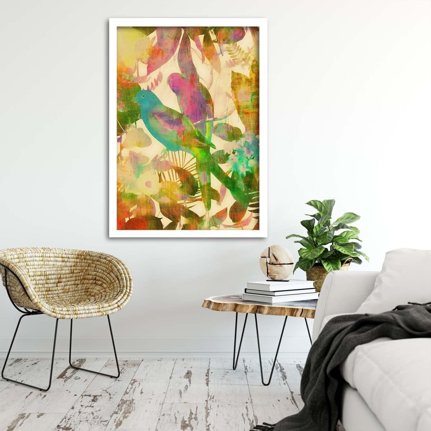 Glezna baltā rāmī - Parrot In The Leaves Home Trends DECO