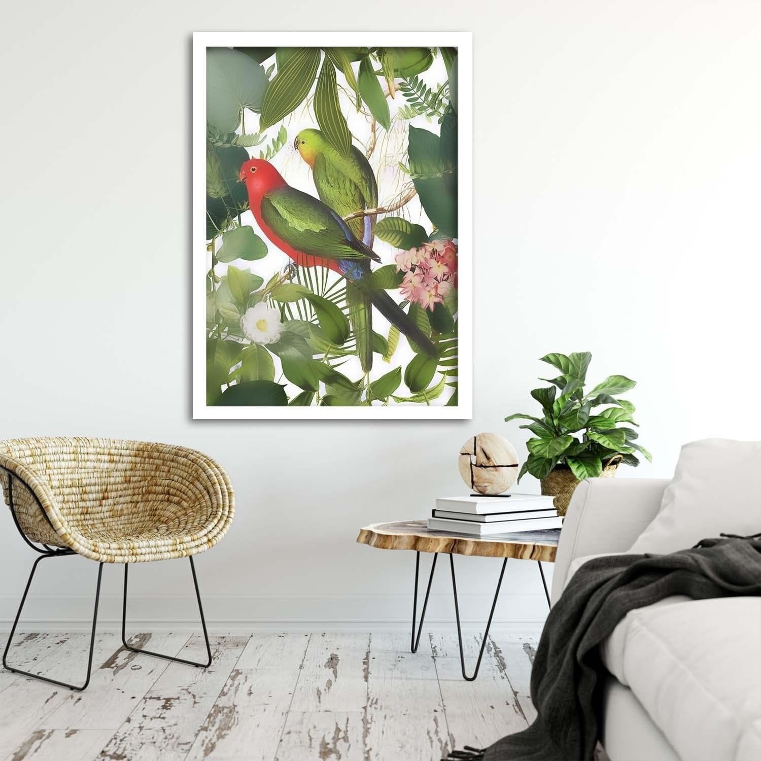 Glezna baltā rāmī - Parrots In The Leaves Home Trends DECO