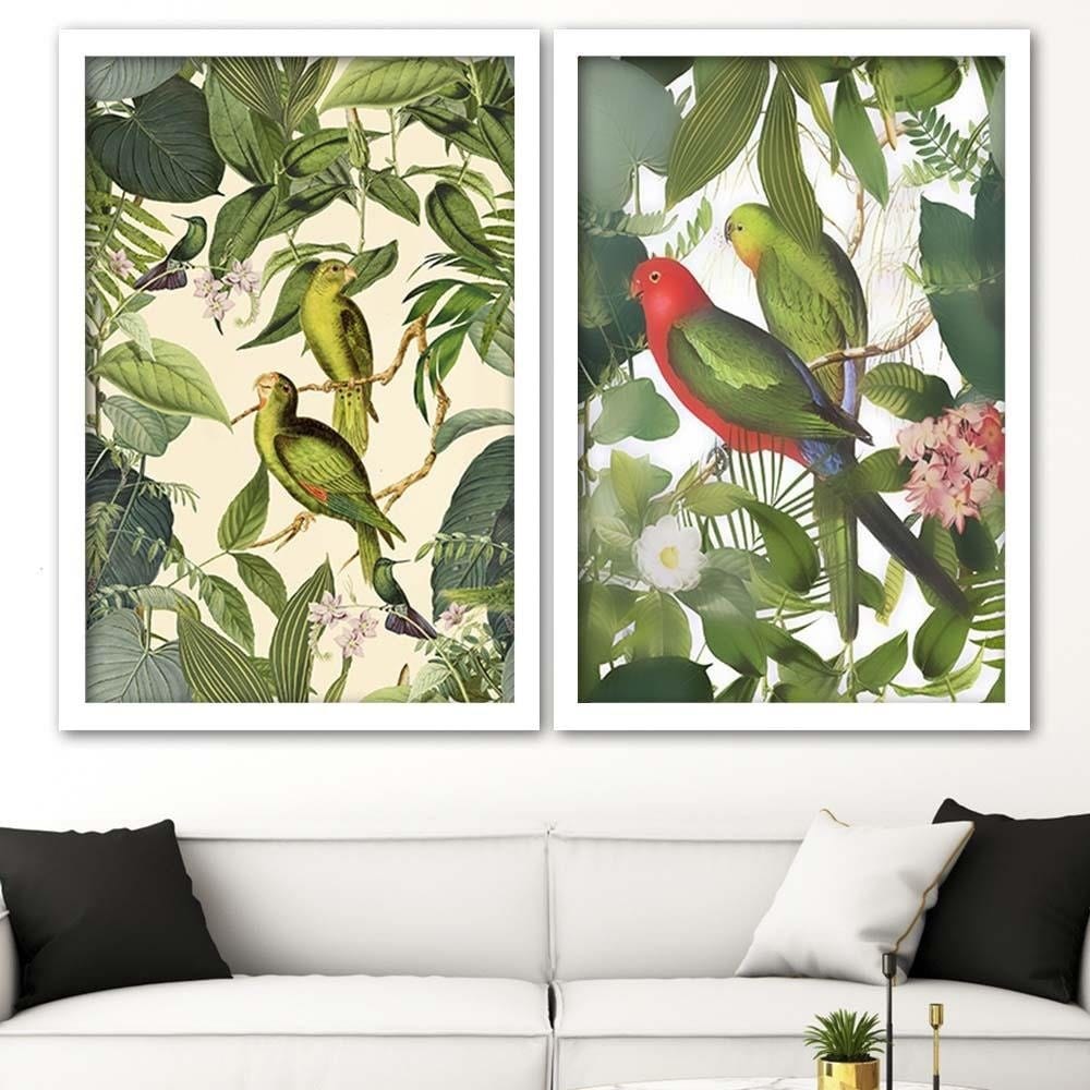 Glezna baltā rāmī - Parrots In The Leaves Home Trends DECO