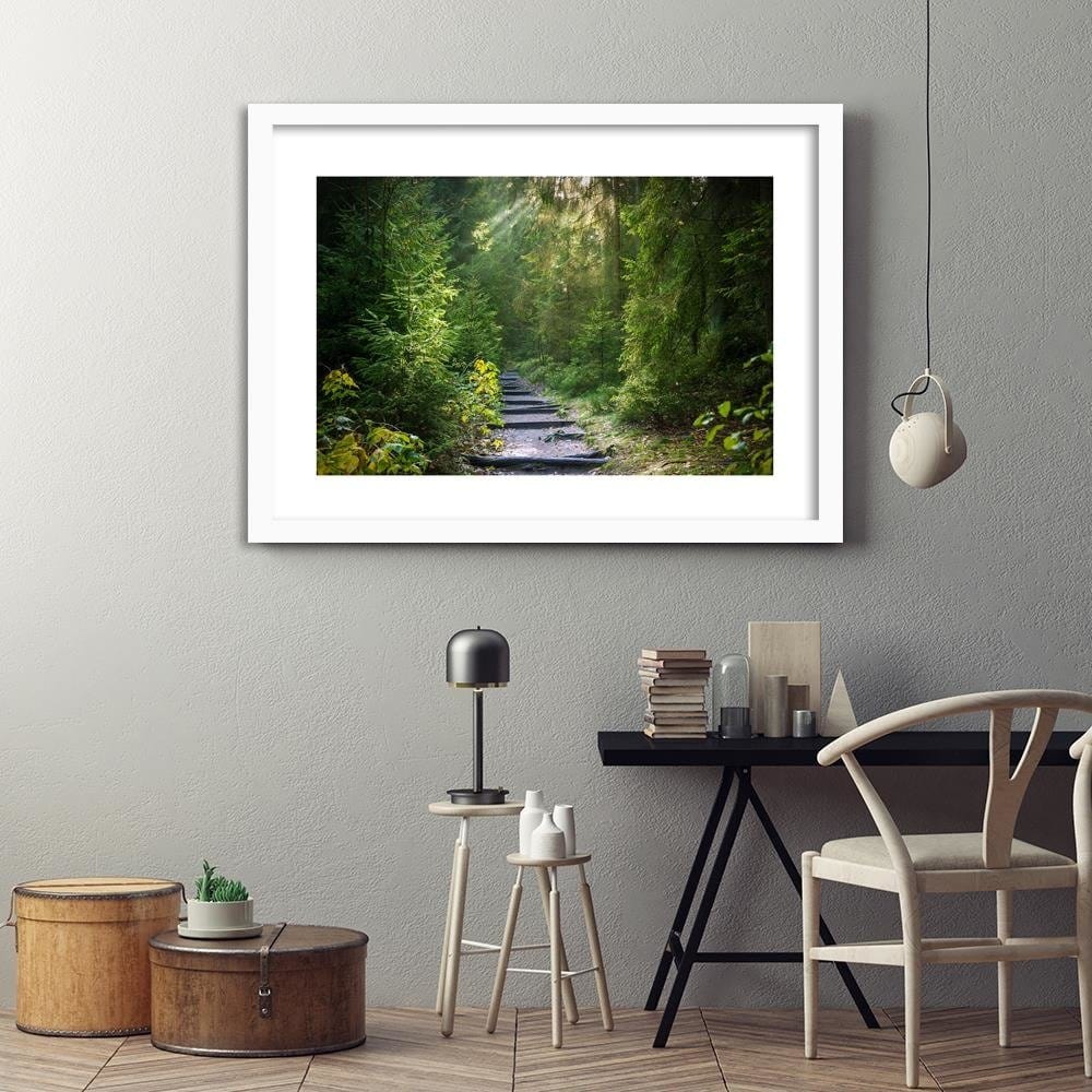 Glezna baltā rāmī - Path In Green Forest Home Trends DECO