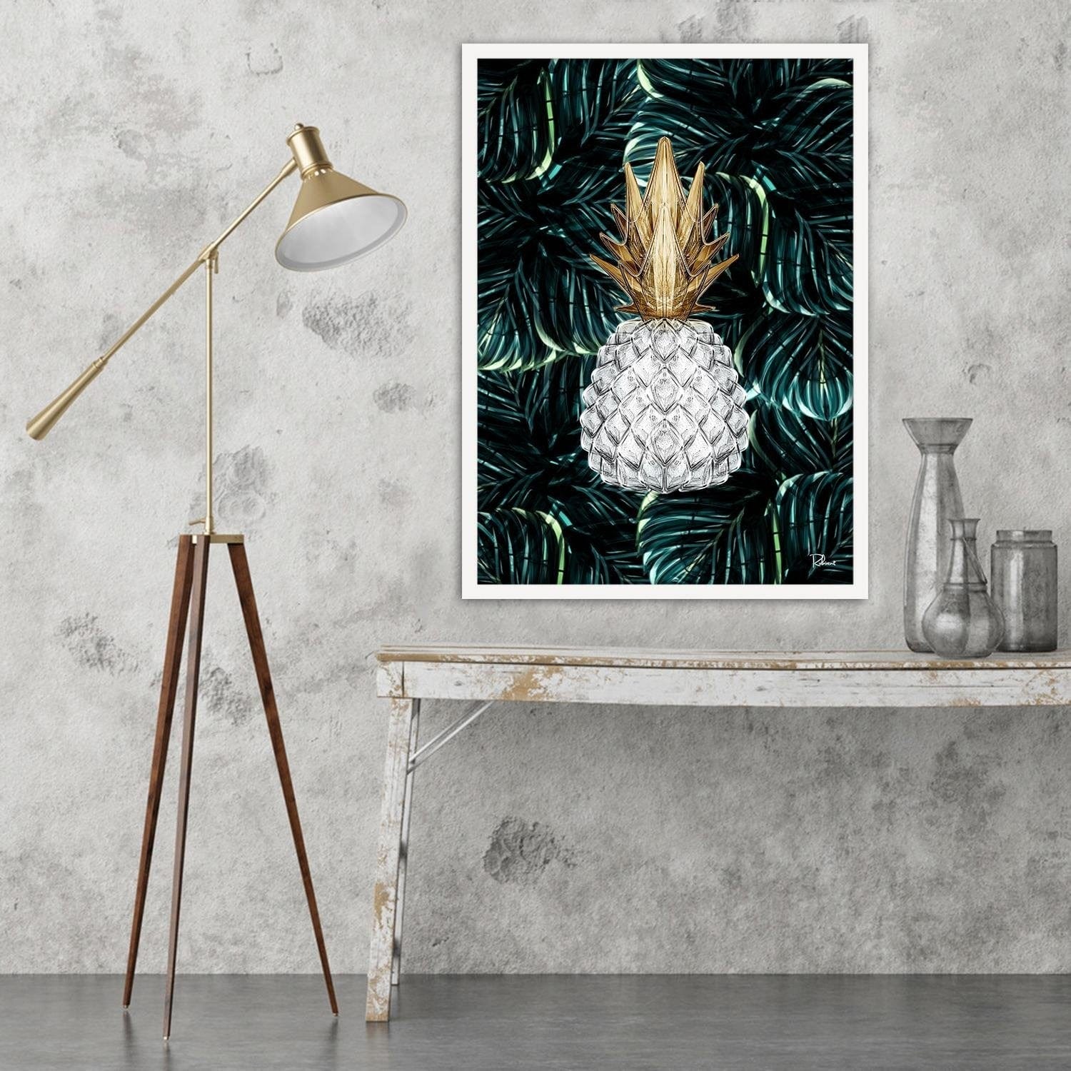 Glezna baltā rāmī - Pineapple Image Tropical Green Home Trends DECO