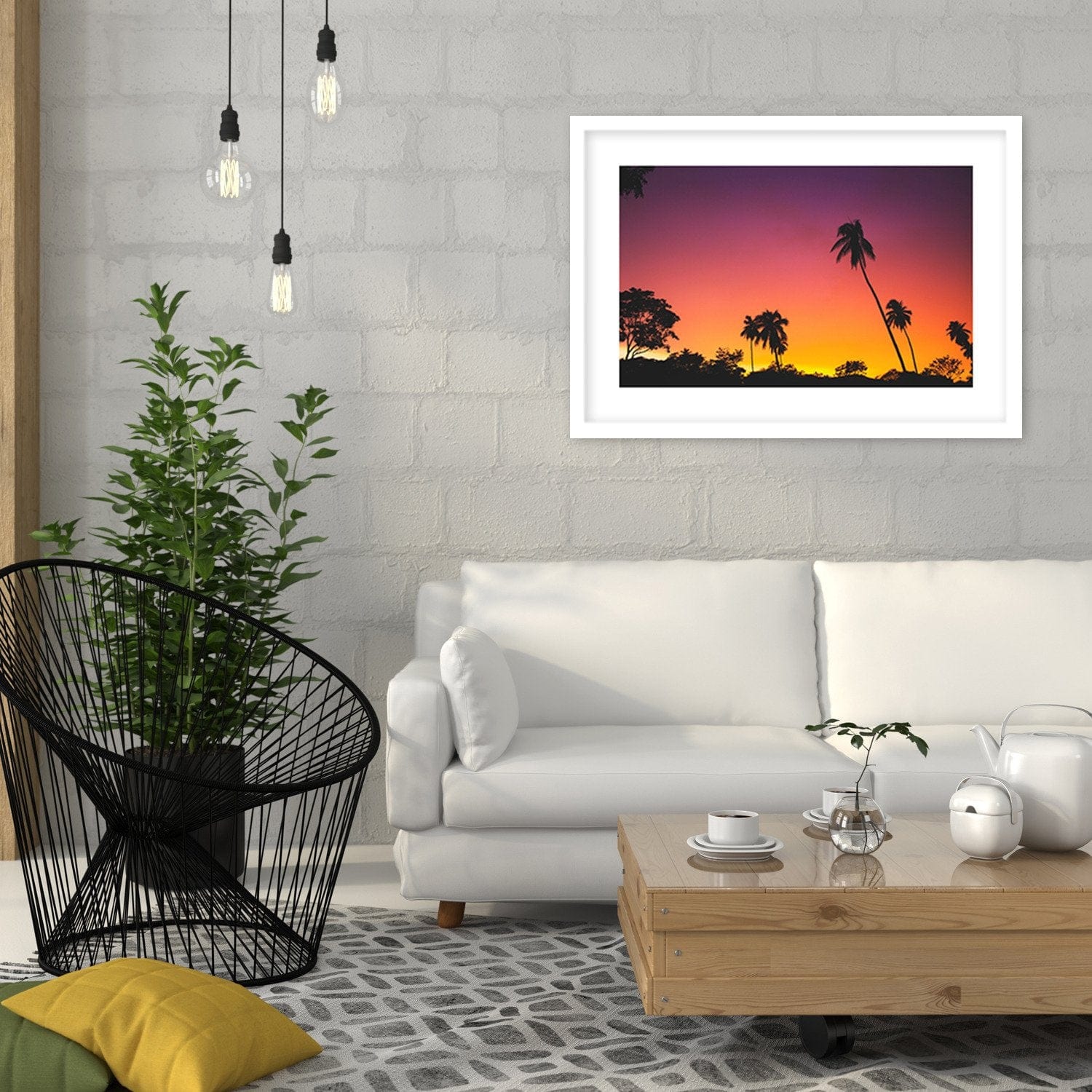 Glezna baltā rāmī - Pink Sky And Palm Trees Home Trends DECO