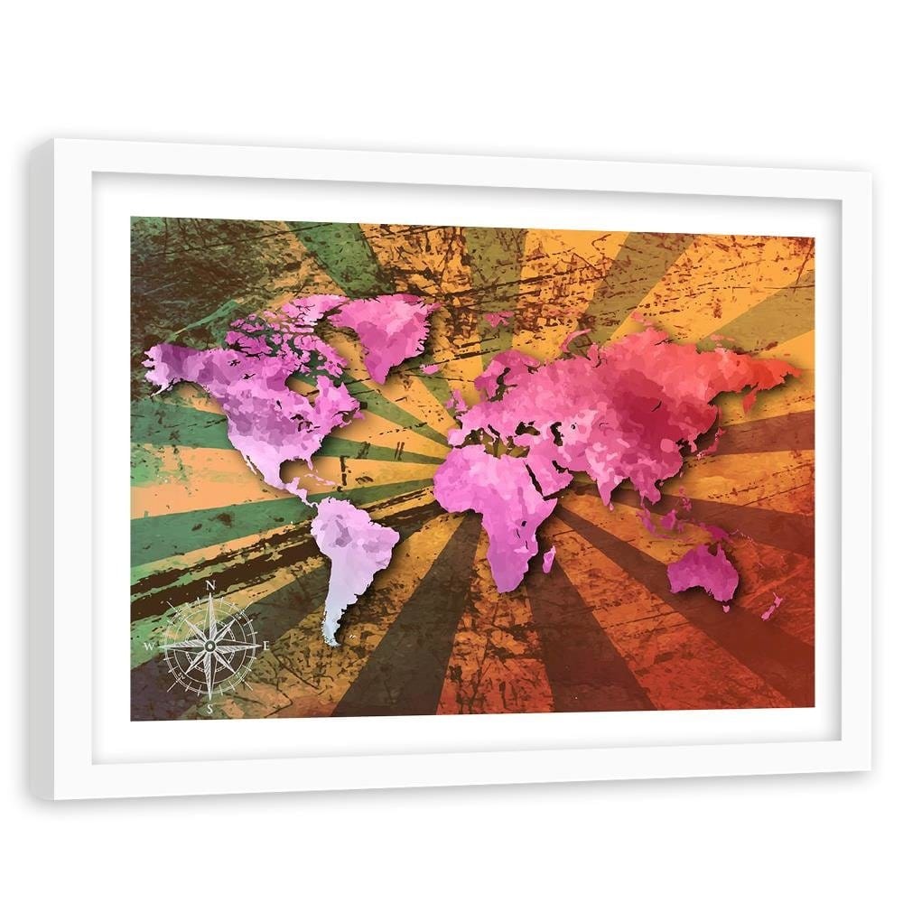 Glezna baltā rāmī - Pink Vintage World Map Home Trends DECO