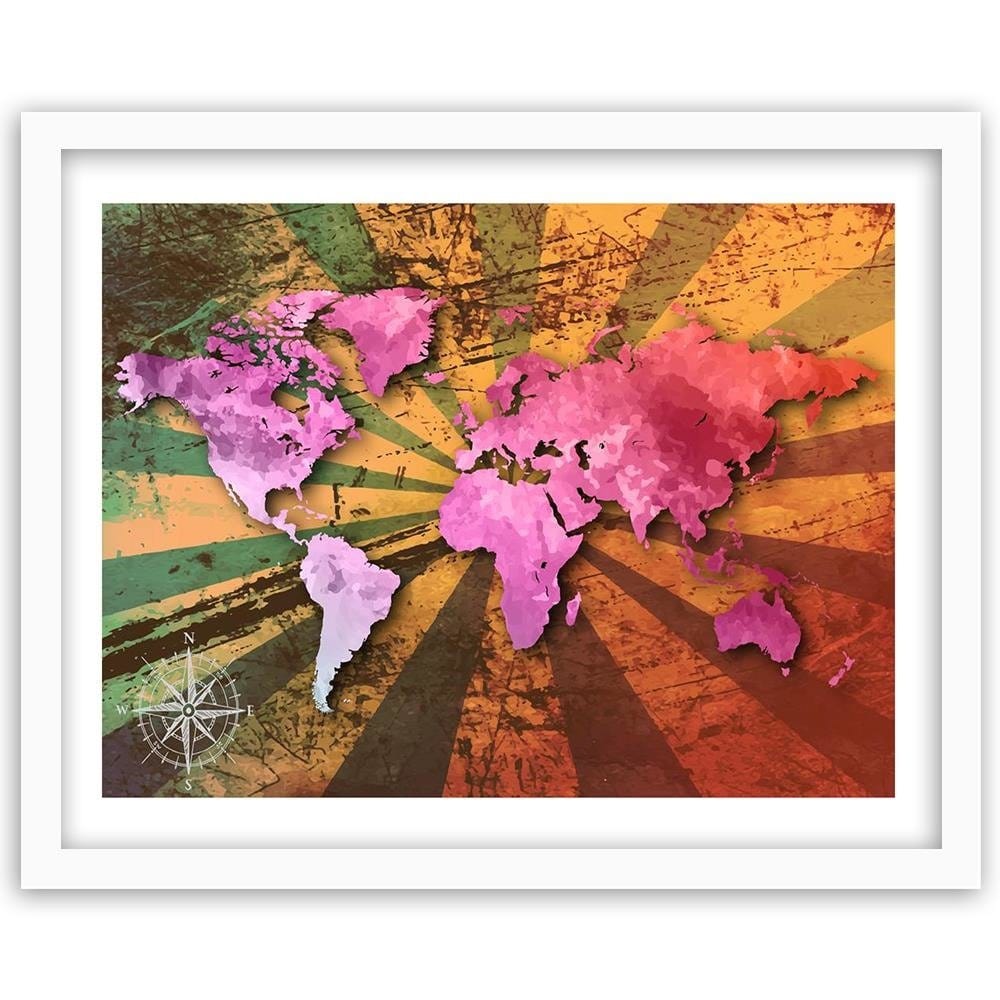 Glezna baltā rāmī - Pink Vintage World Map Home Trends DECO