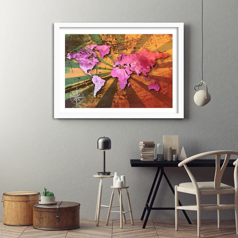 Glezna baltā rāmī - Pink Vintage World Map Home Trends DECO