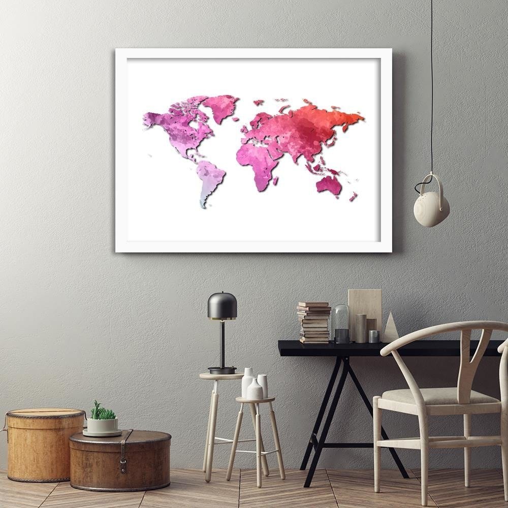 Glezna baltā rāmī - Pink World Map Home Trends DECO