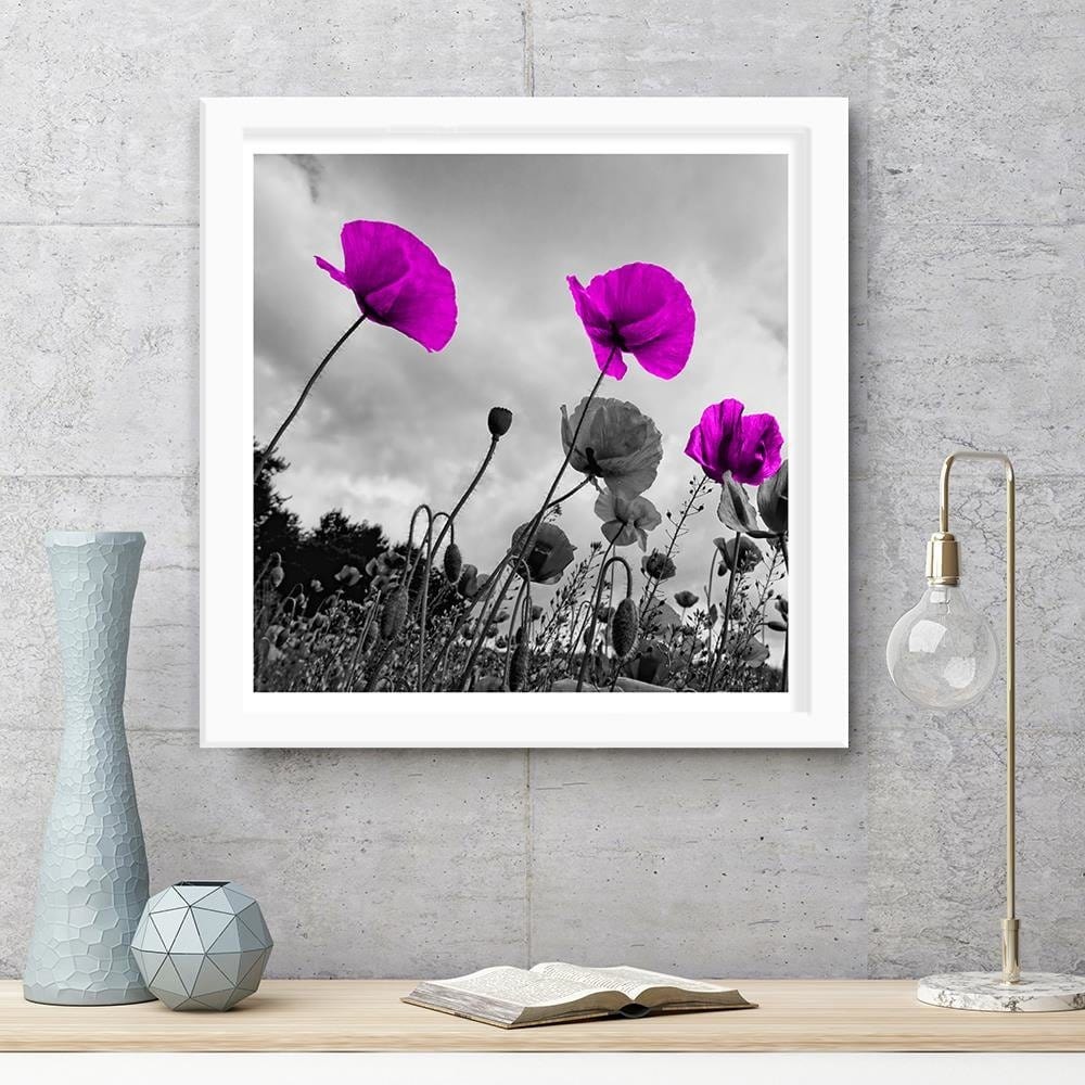 Glezna baltā rāmī - Purple Poppy Flowers Home Trends DECO