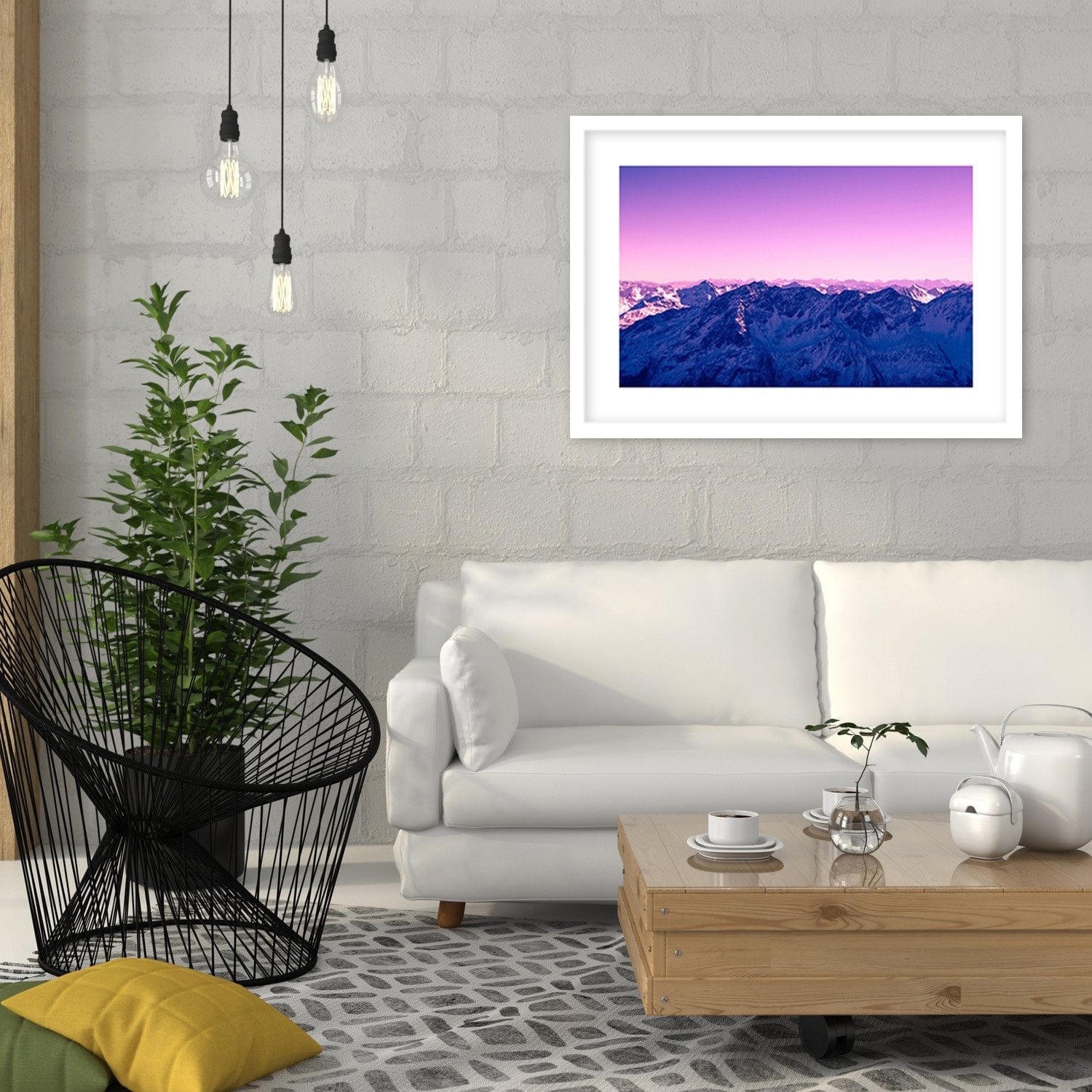 Glezna baltā rāmī - Purple Sunrise In The Mountains Home Trends DECO