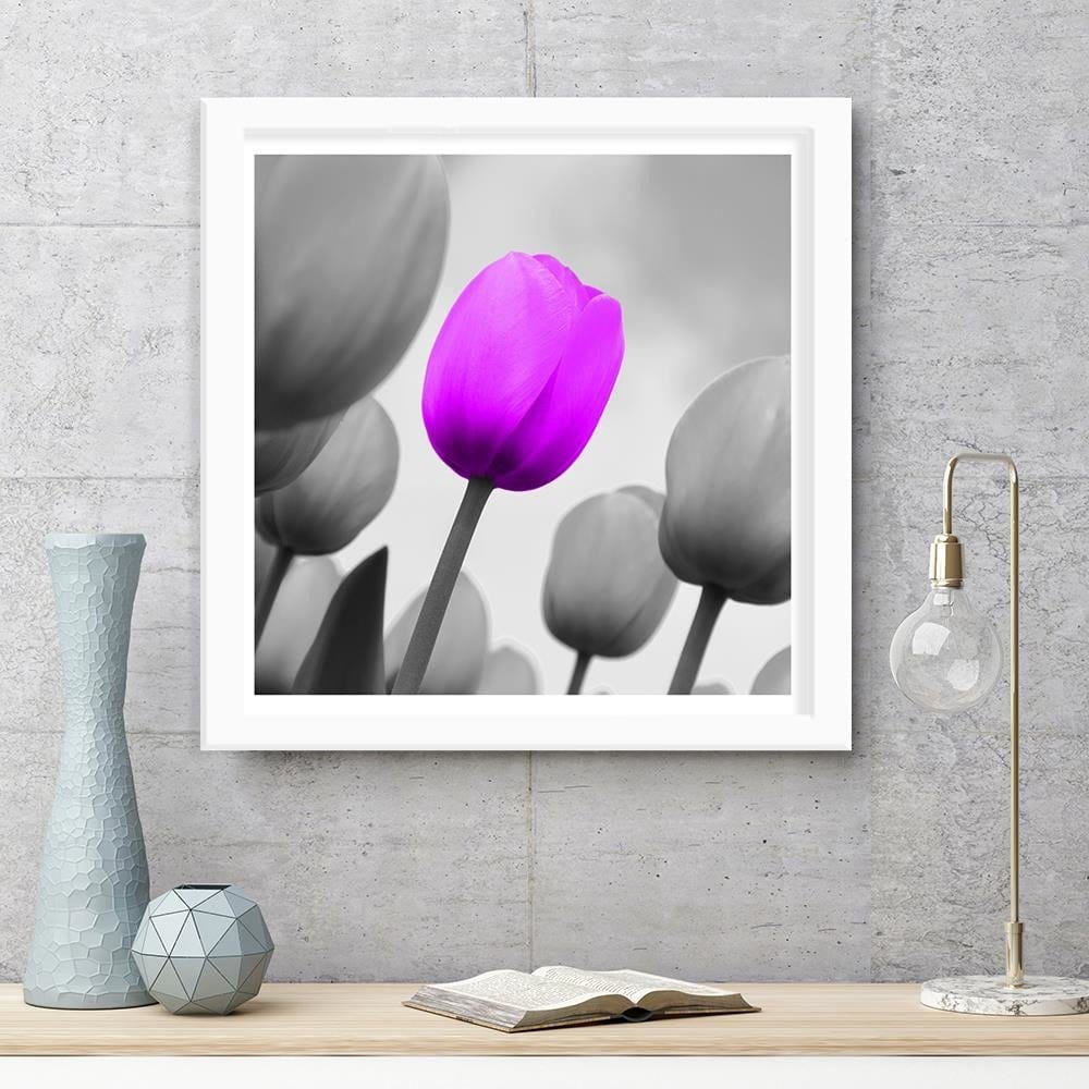 Glezna baltā rāmī - Purple Tulip In Gray Home Trends DECO