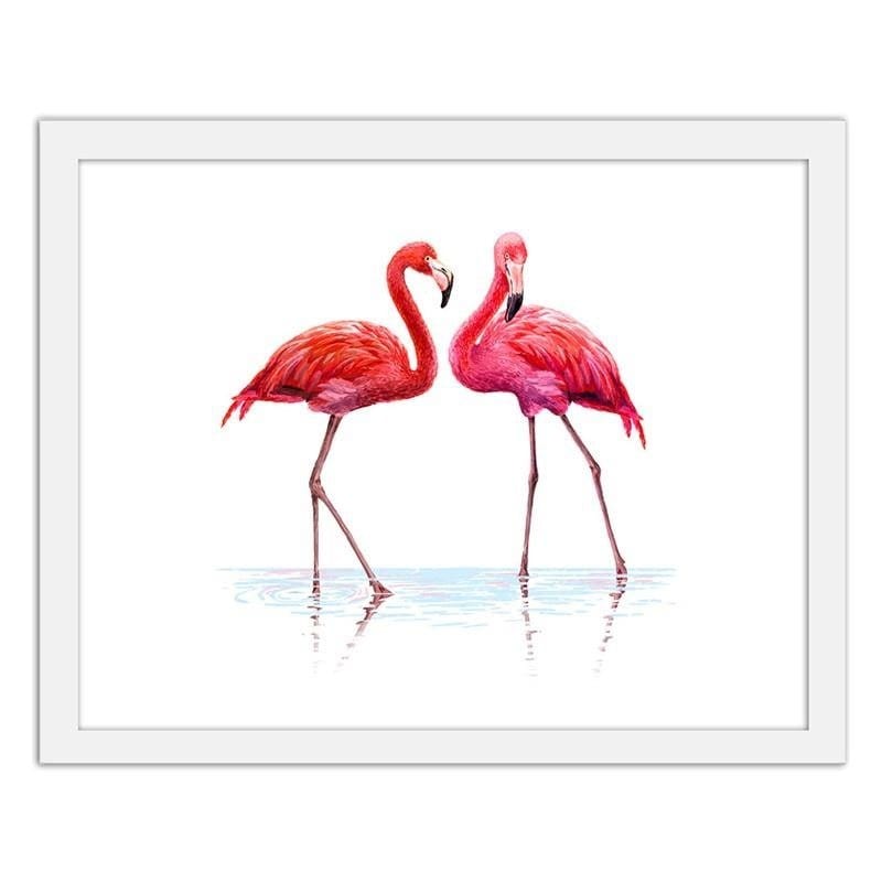 Glezna baltā rāmī - Realistic illustration of flamingos standing in the water Home Trends DECO