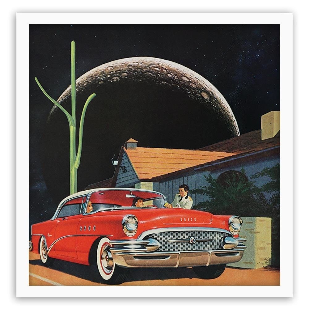 Glezna baltā rāmī - Red Car And The Moon Home Trends DECO