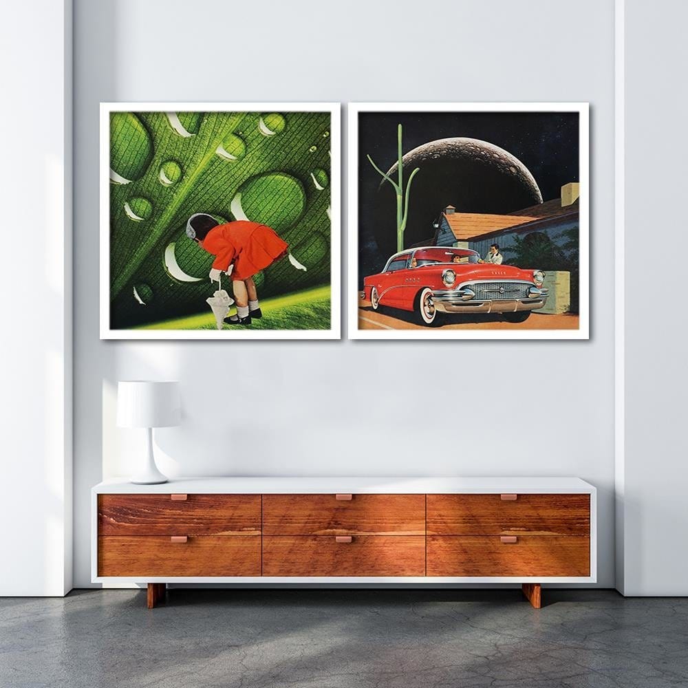 Glezna baltā rāmī - Red Car And The Moon Home Trends DECO