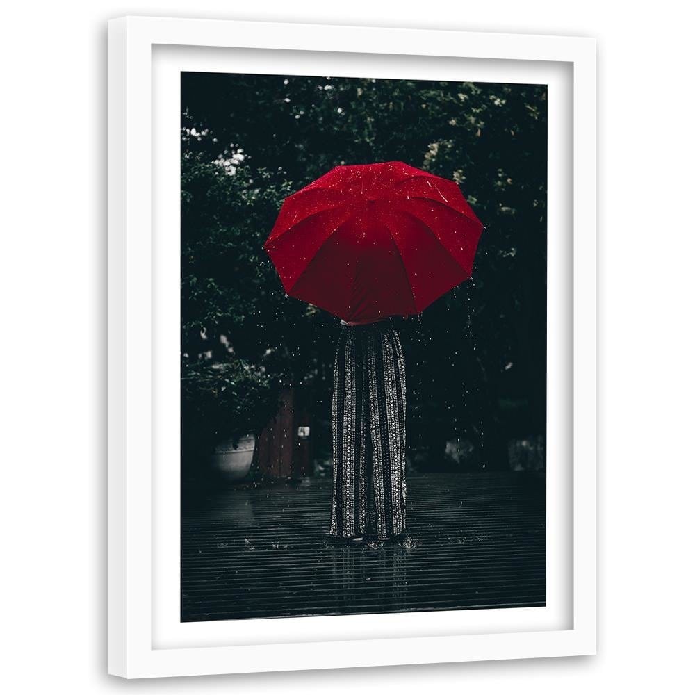 Glezna baltā rāmī - Red Umbrella In The Rain Home Trends DECO