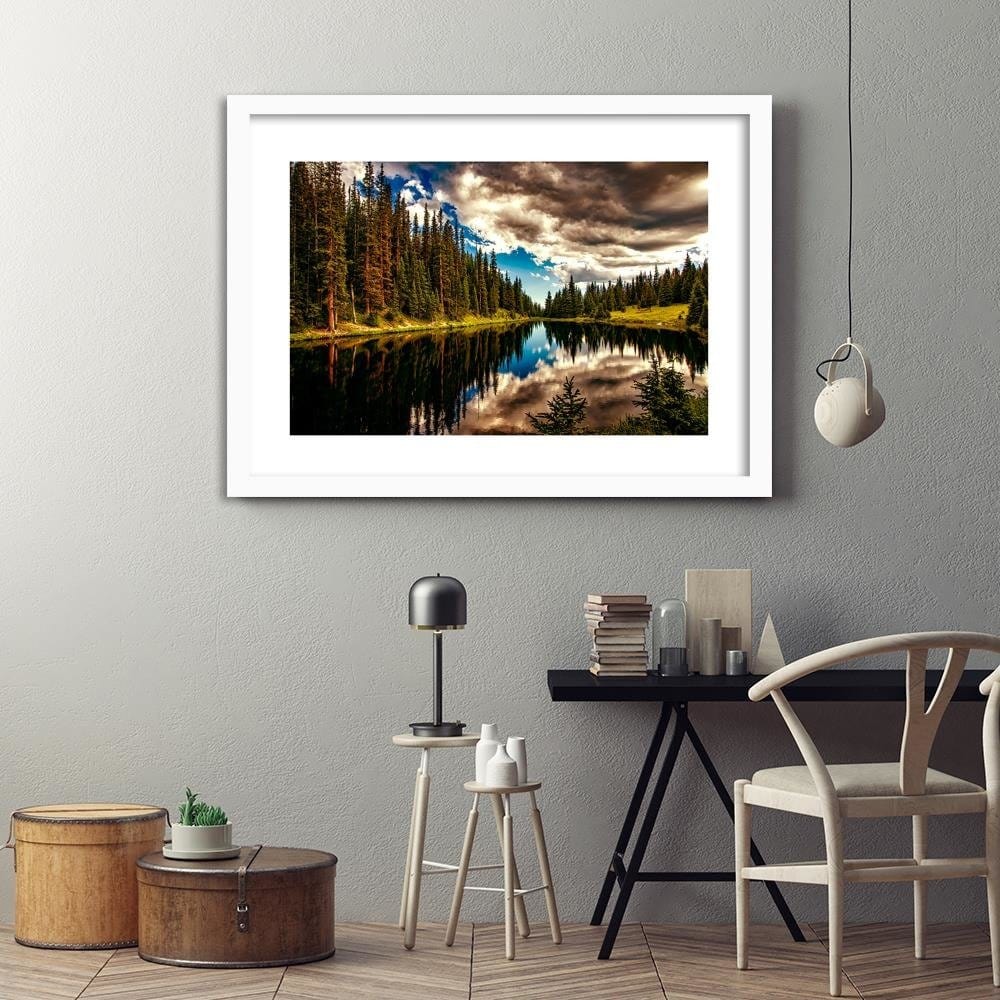 Glezna baltā rāmī - Reflection Of The Sky In The Lake Home Trends DECO