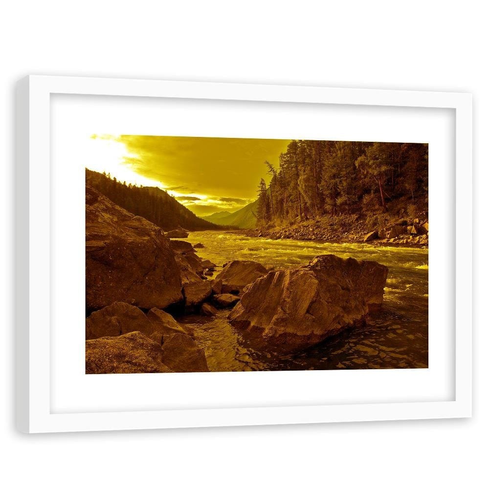 Glezna baltā rāmī - River In The Mountains Sepia Home Trends DECO