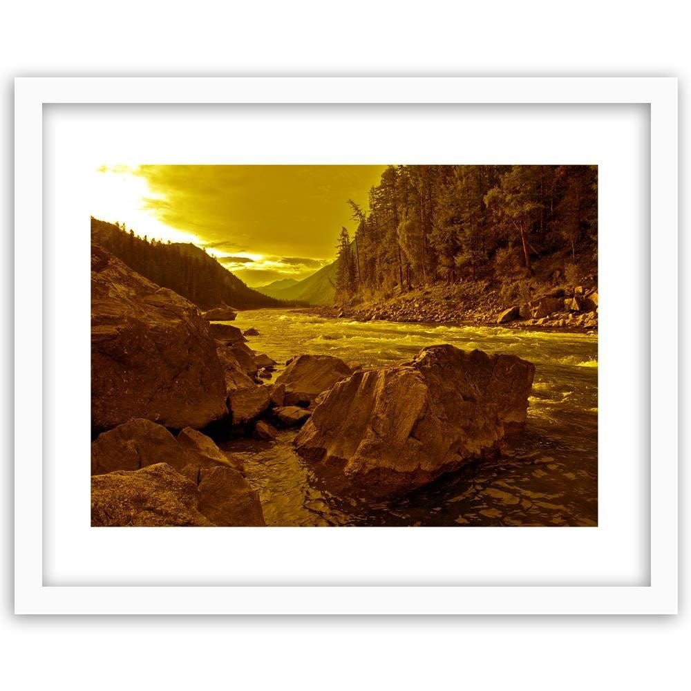 Glezna baltā rāmī - River In The Mountains Sepia Home Trends DECO