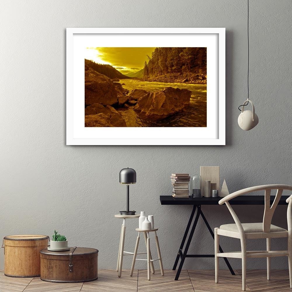 Glezna baltā rāmī - River In The Mountains Sepia Home Trends DECO