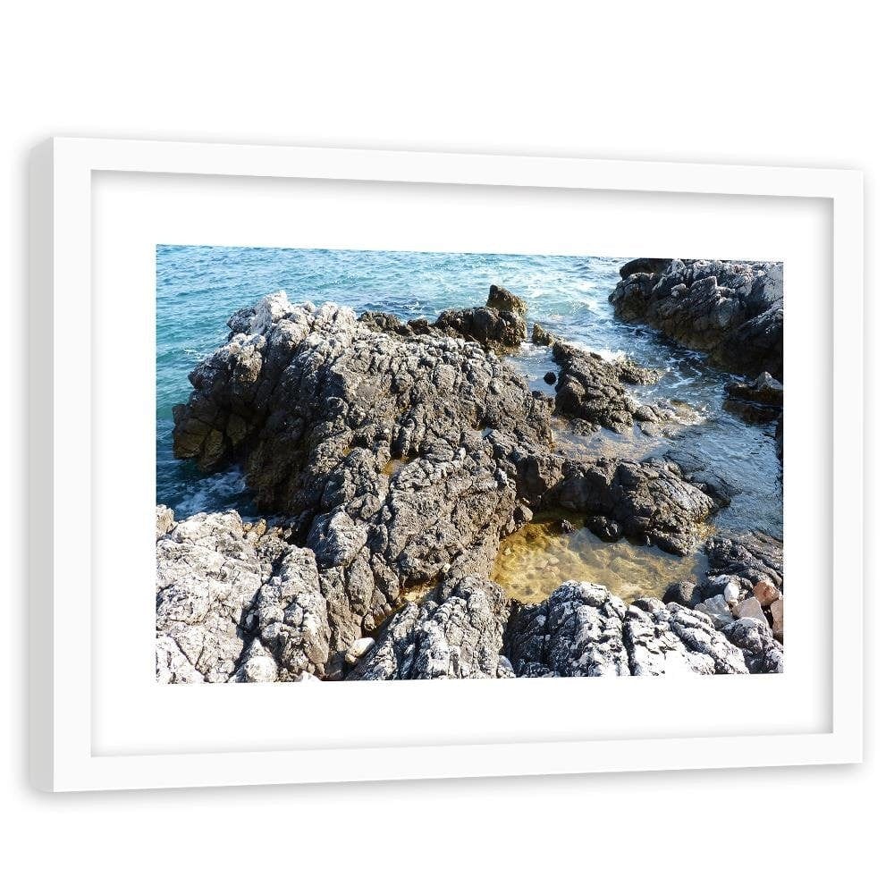 Glezna baltā rāmī - Rocks On The Shore Of The Ocean Home Trends DECO