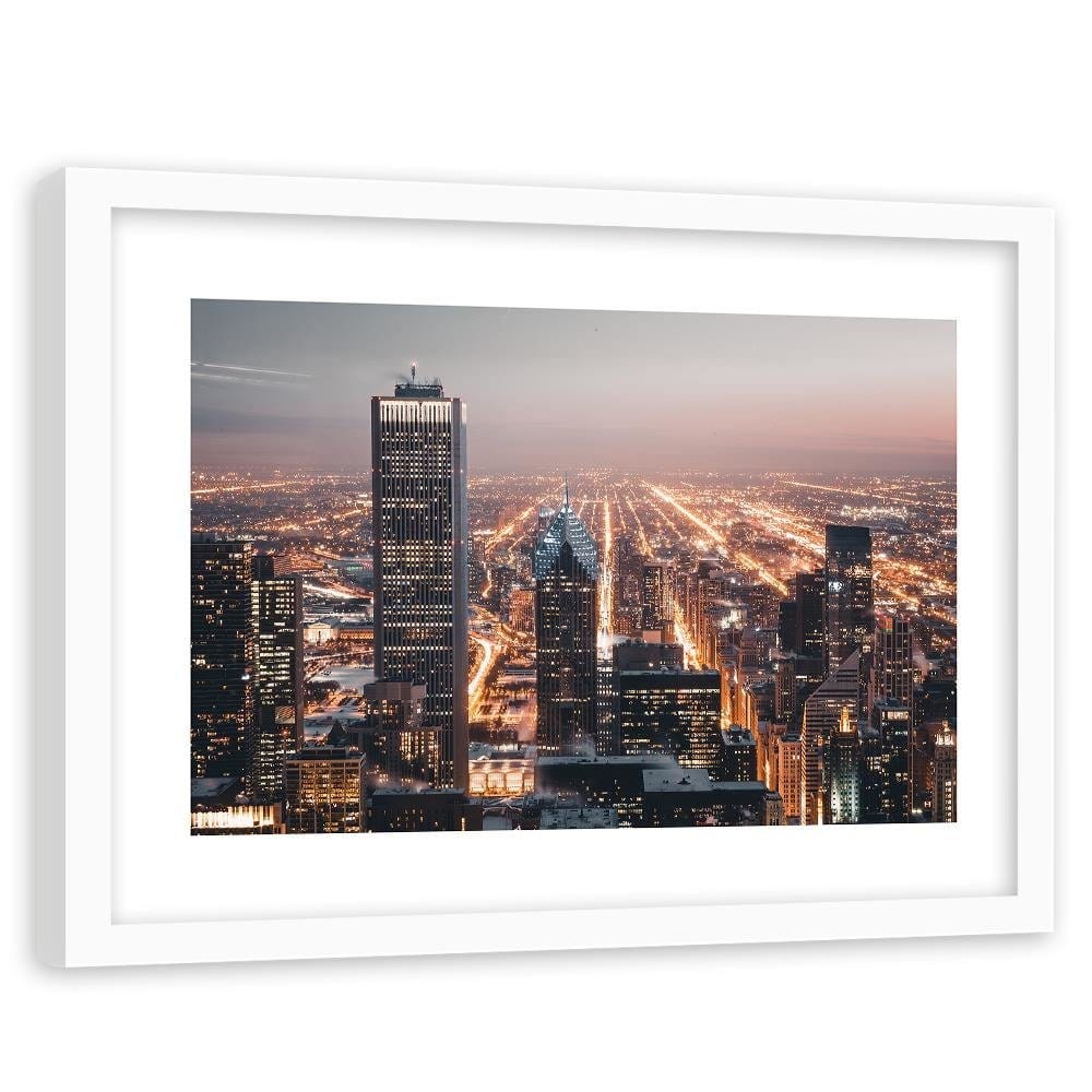 Glezna baltā rāmī - Skyscrapers At Night Home Trends DECO